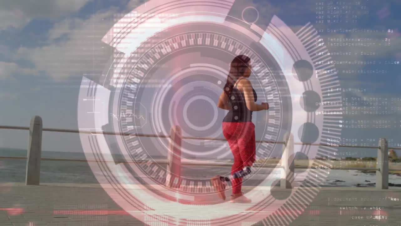 animación del procesamiento de datos con una atleta discapacitada con prótesis de pierna haciendo ejercicio en el fondo
