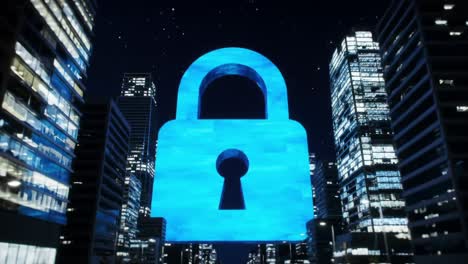 a striking blue lock icon illuminates a modern cityscape, symbolizing security and protection in a digital world amidst a starry night sky
