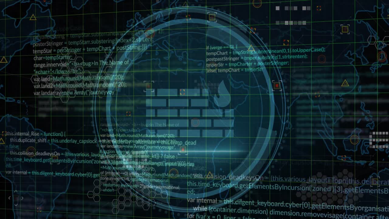 Animation of icons with world map and data processing on black background