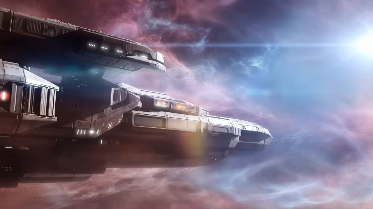 Rumskib suser gennem farverige nebulaskyer, nærbillede af pansret skrog, der skærer gennem lysende gas med motor