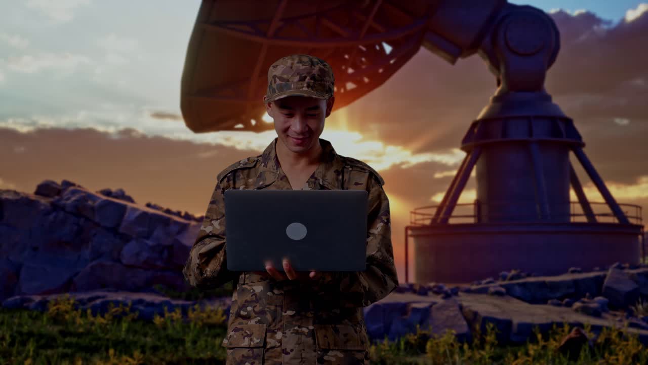 Asian Man Soldier Using A Laptop And Smiling While Standing With Satellite Dish