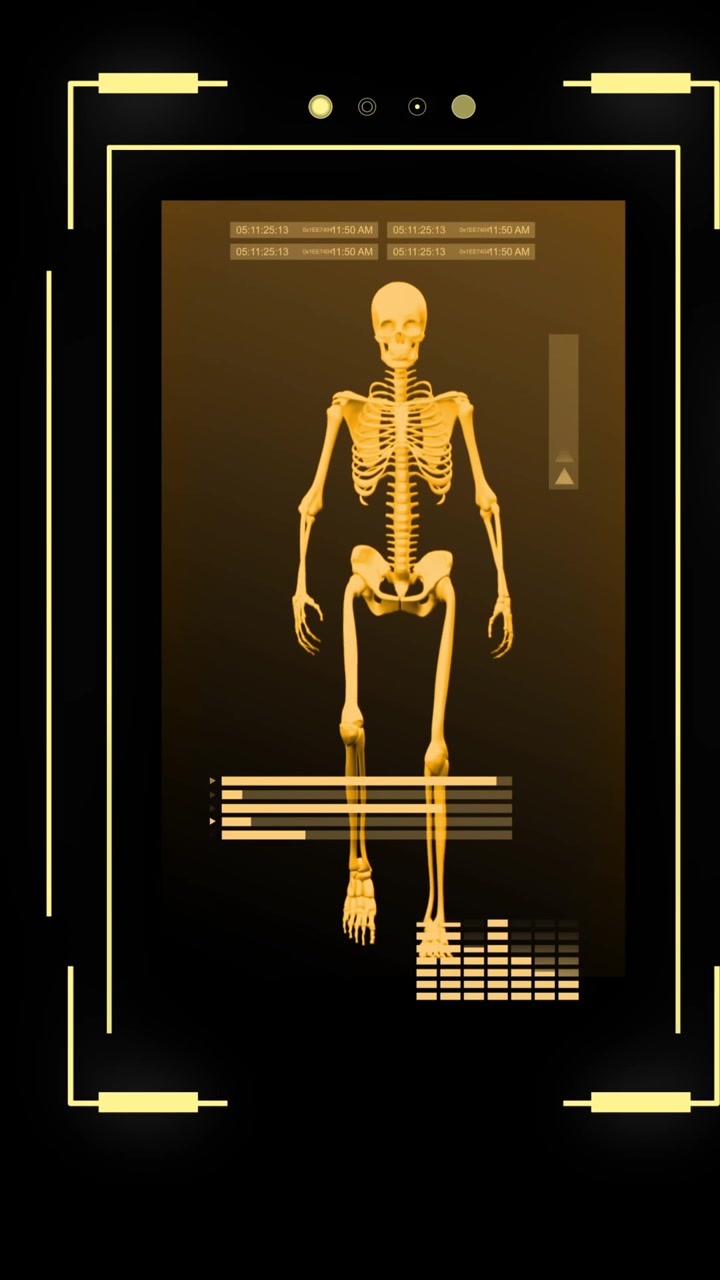 Animation af menneskeskelet og videnskabelig databehandling på sort baggrund