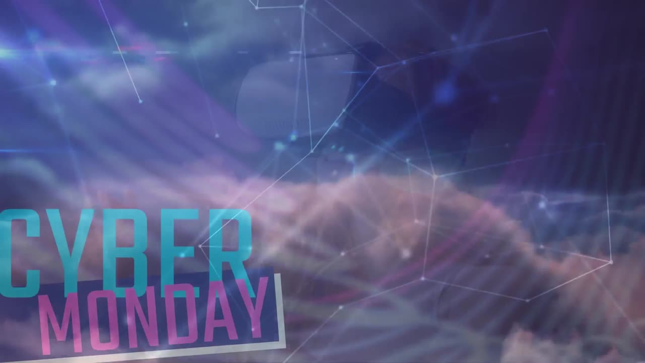 Animazione del testo "Cyber Monday" sopra una ragazza che indossa visori VR