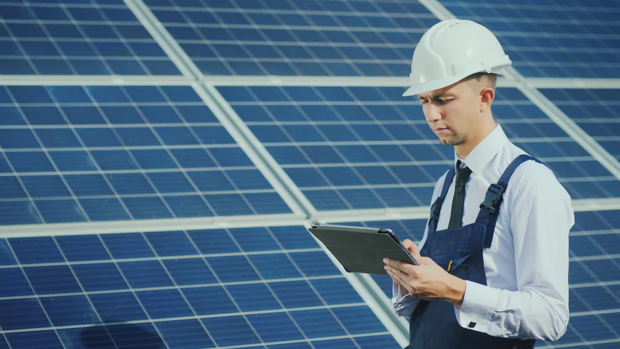 A Young Engineer Works At A Solar Power Station Uses A Tablet