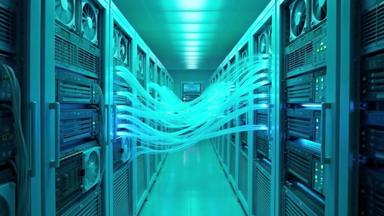 Data Center Server Room with Glowing Fiber Optic Cables