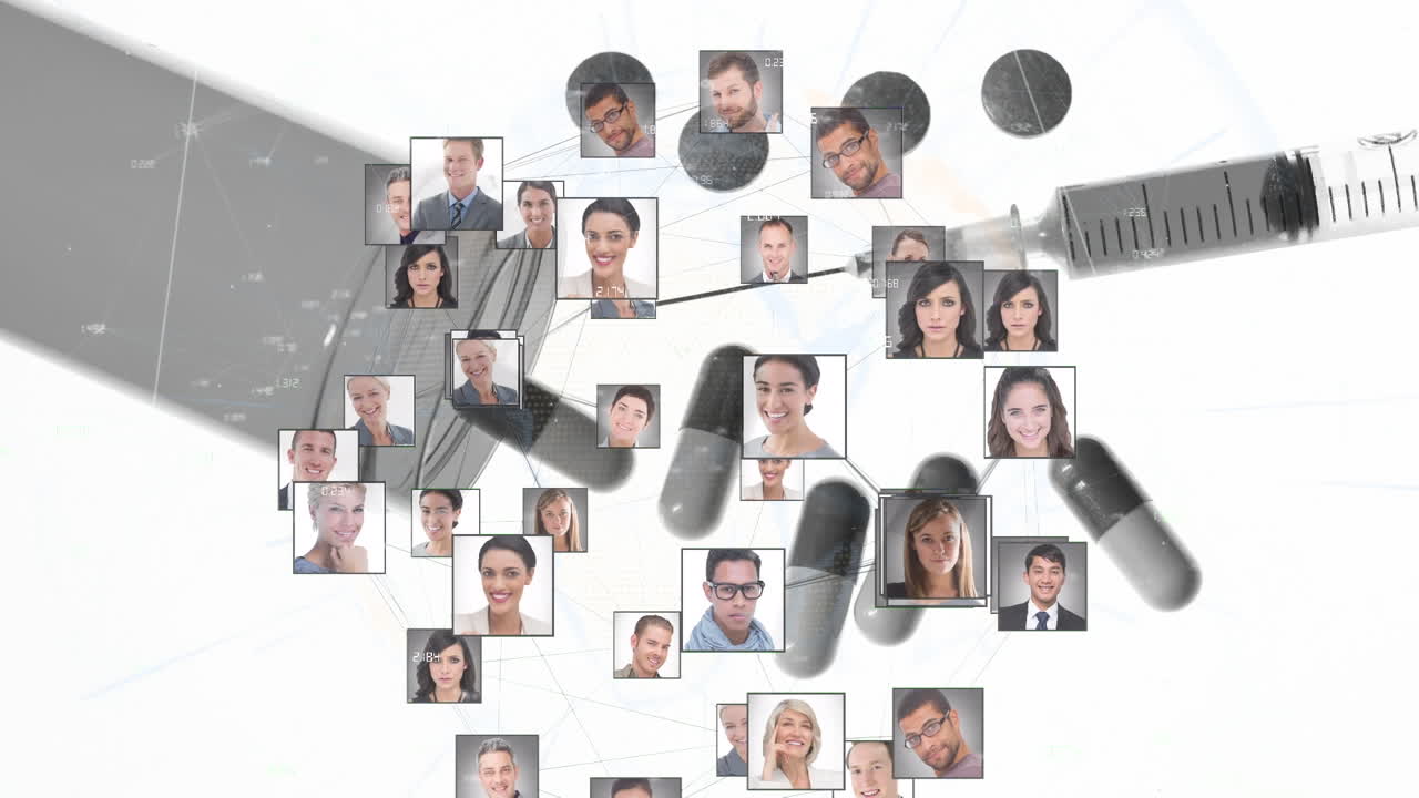 사람들의 사진과 주사기와 함께 지구의 애니메이션