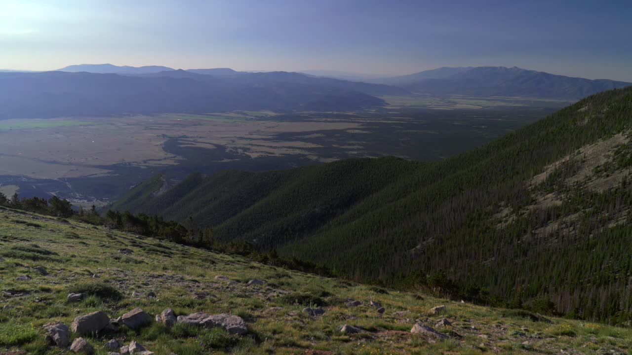 Mt Mount Princeton Colorado trail Chalk Cliffs Salida landscape valley view summit hiking 14er spring summer Sawatch Range Rocky Mountains Sawatch Range blue sky morning haze zoom in slowly