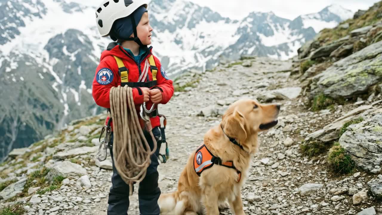 Junge und Golden Retriever auf einem Bergpfad