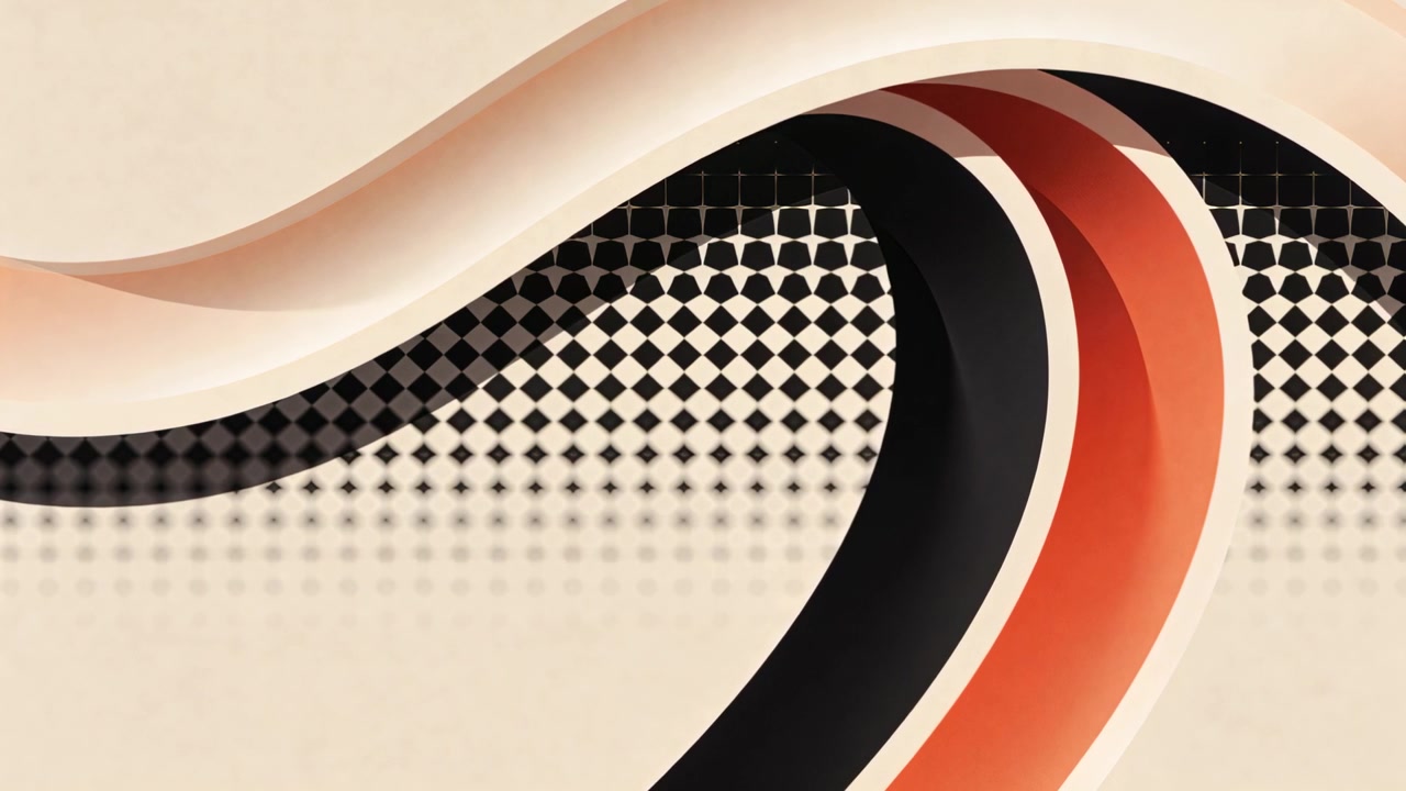 Starting cream black orange bands sweeping over beige, checker shifting to halftone forming intro