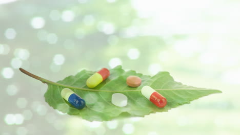 animación de agua brillante con píldoras y medicamentos en la hoja