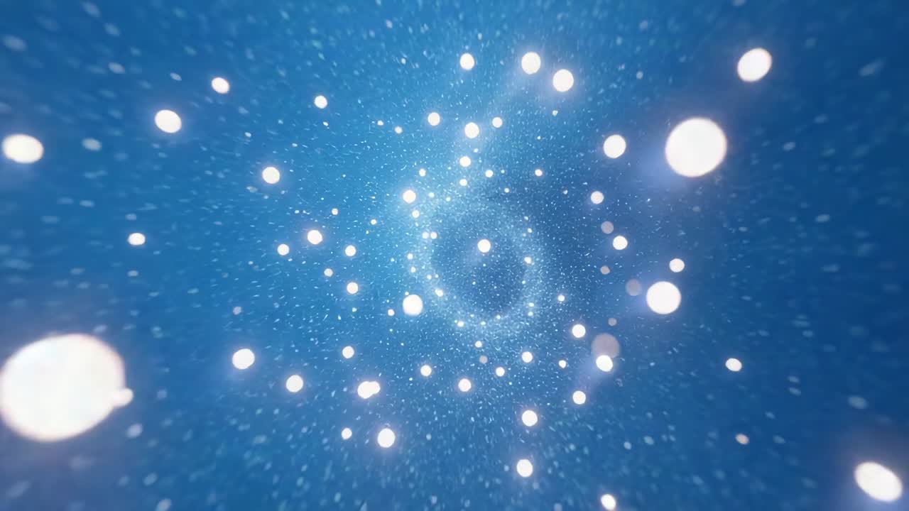 Starting glowing light particles spiraling toward center in deep blue space, forming vortex