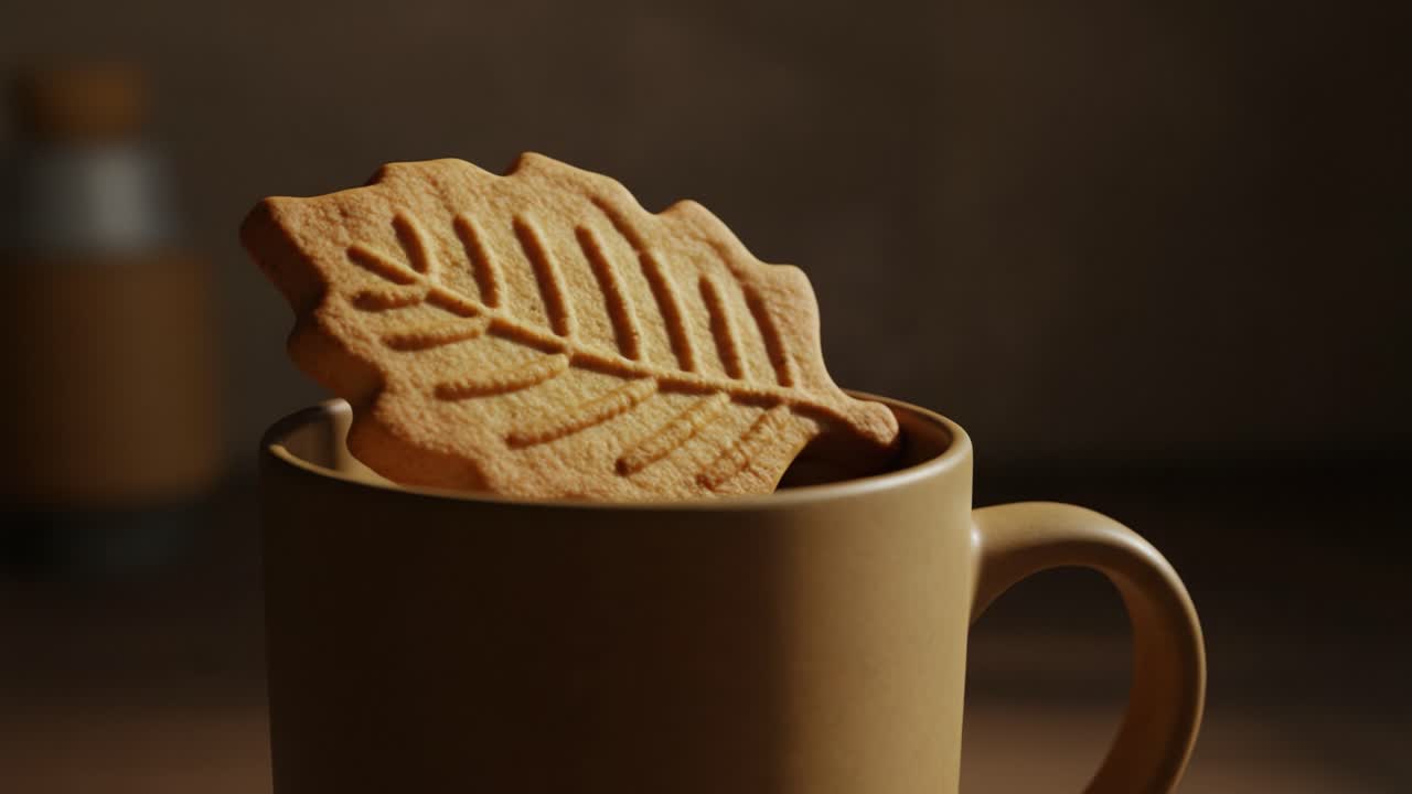 A Cozy Cup of Warmth Featuring an Enchanting Leaf-Shaped Cookie Perfectly Perched on the Rim, Creating a Serene and Inviting Atmosphere for Snack Lovers