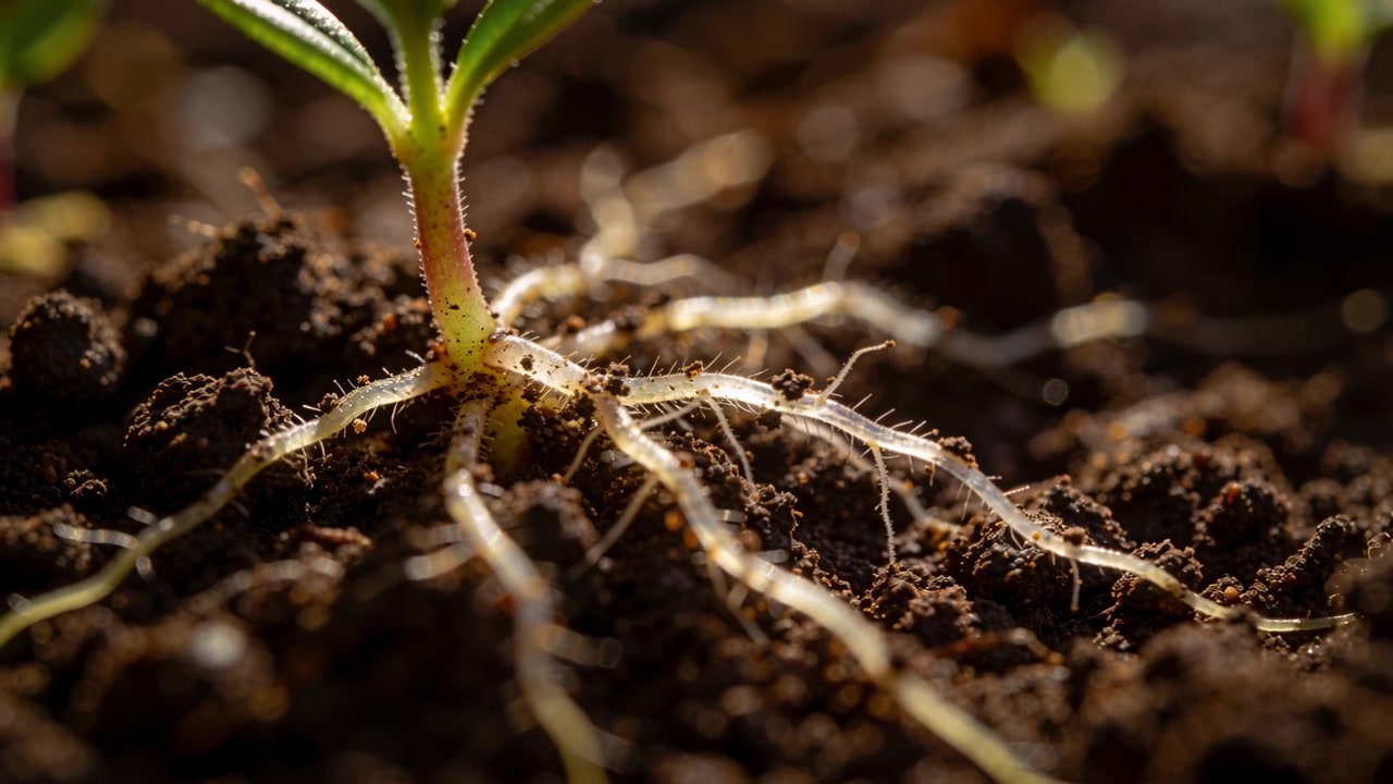 Sprouting seedling sending stem, establishing lateral roots and hairs, soil backlit by warm light