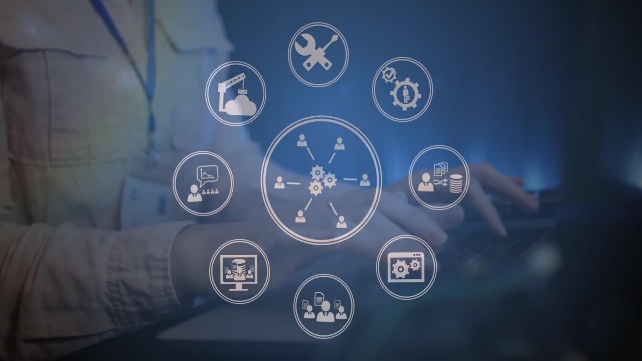 animación de iconos de negocios sobre mujer de negocios caucásica usando portátil