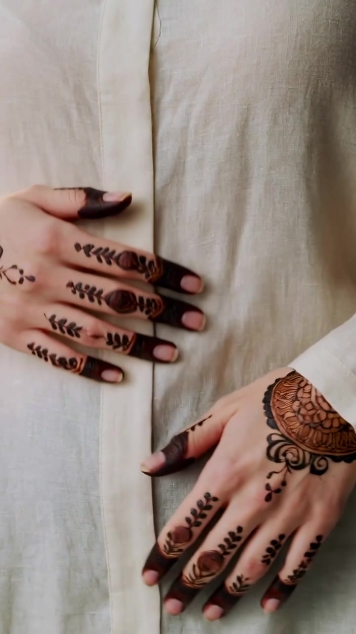 Video verticale: Le mani di una donna si muovono dopo un cambio di inquadratura, rivelando un tatuaggio all'henné a forma di foglia di mandala.