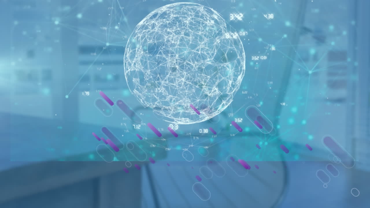 보라색 빛 트레일의 애니메이션과 비어있는 사무실에서 데이터 처리