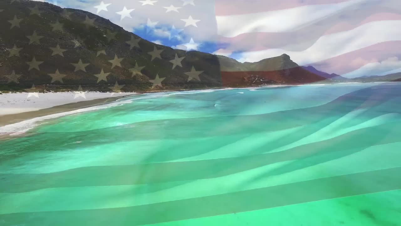 해변 해양 풍경 위에서 날아다니는 미국 국기의 애니메이션
