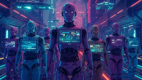 futuristic robots in a neon-lit environment: a visual exploration of ai and technology in a sci-fi world represented by humanoid figures with dynamic displays