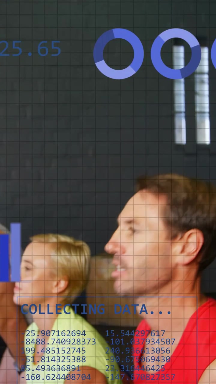 Vertical video: Male doing kettlebell swings, first swing showing charts and live data for fitness