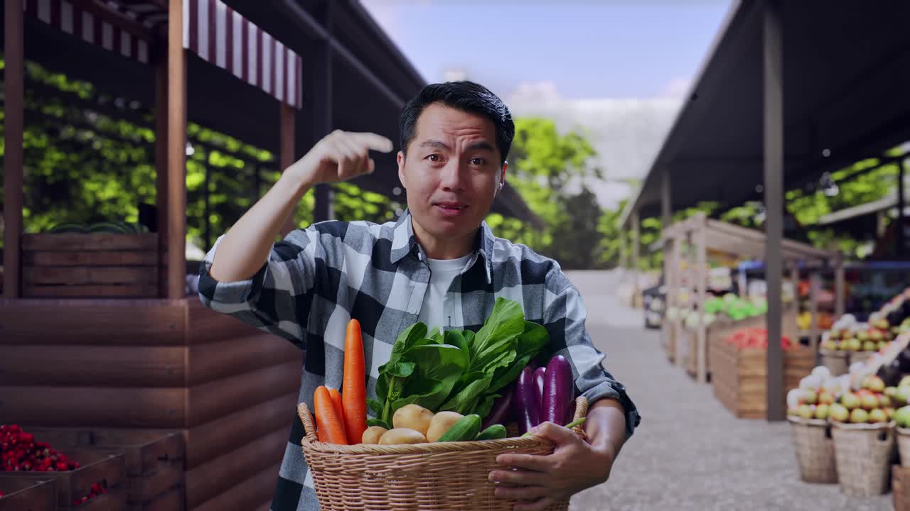 Agricultor asiático enfadado con una cesta de verduras regañando mientras está de pie en un mercado de agricultores