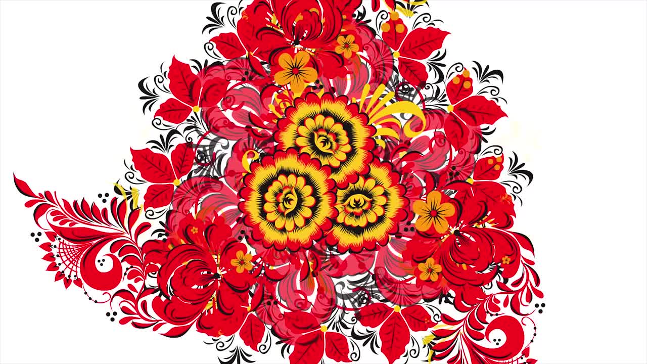 pittura di khokhloma russia di fiori e bacche rossi brillanti su sfondo bianco. sfondo di trasformazione frattale astratto. khokhroma rosso su sfondo bianco