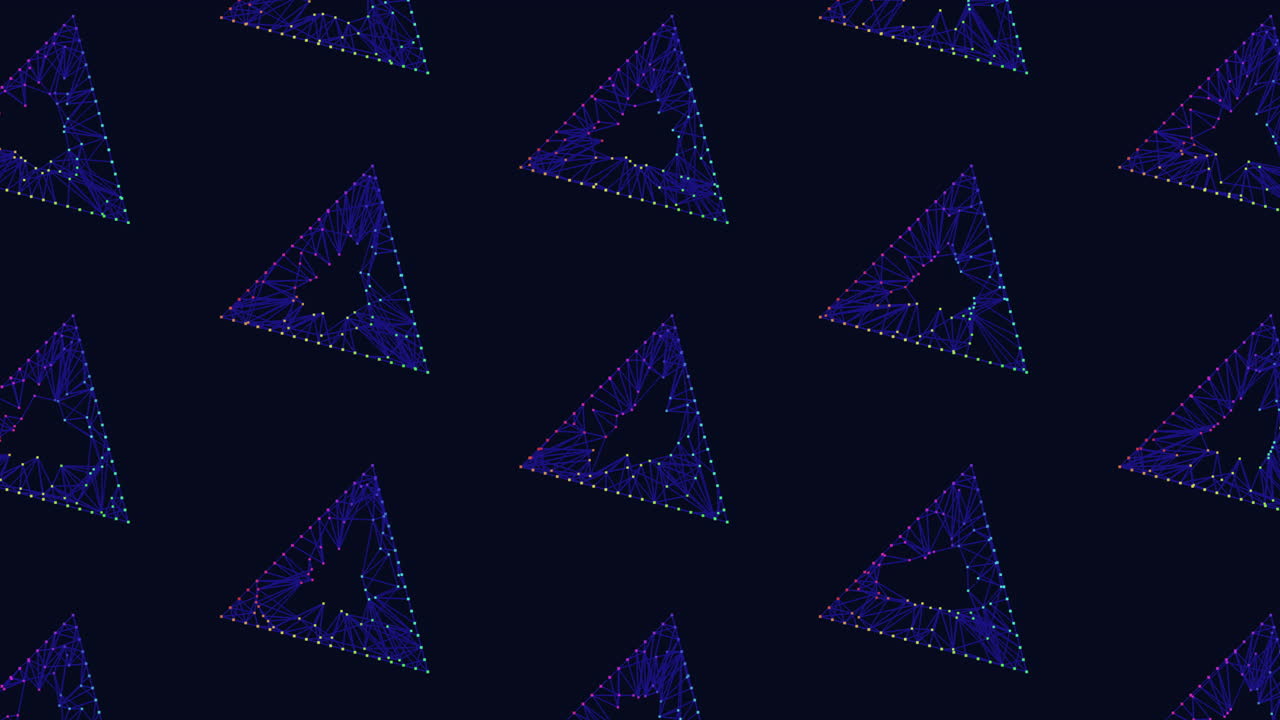 優雅な青い三角形重なり合う形状とダイナミックな接続を持つ視覚的なパターン