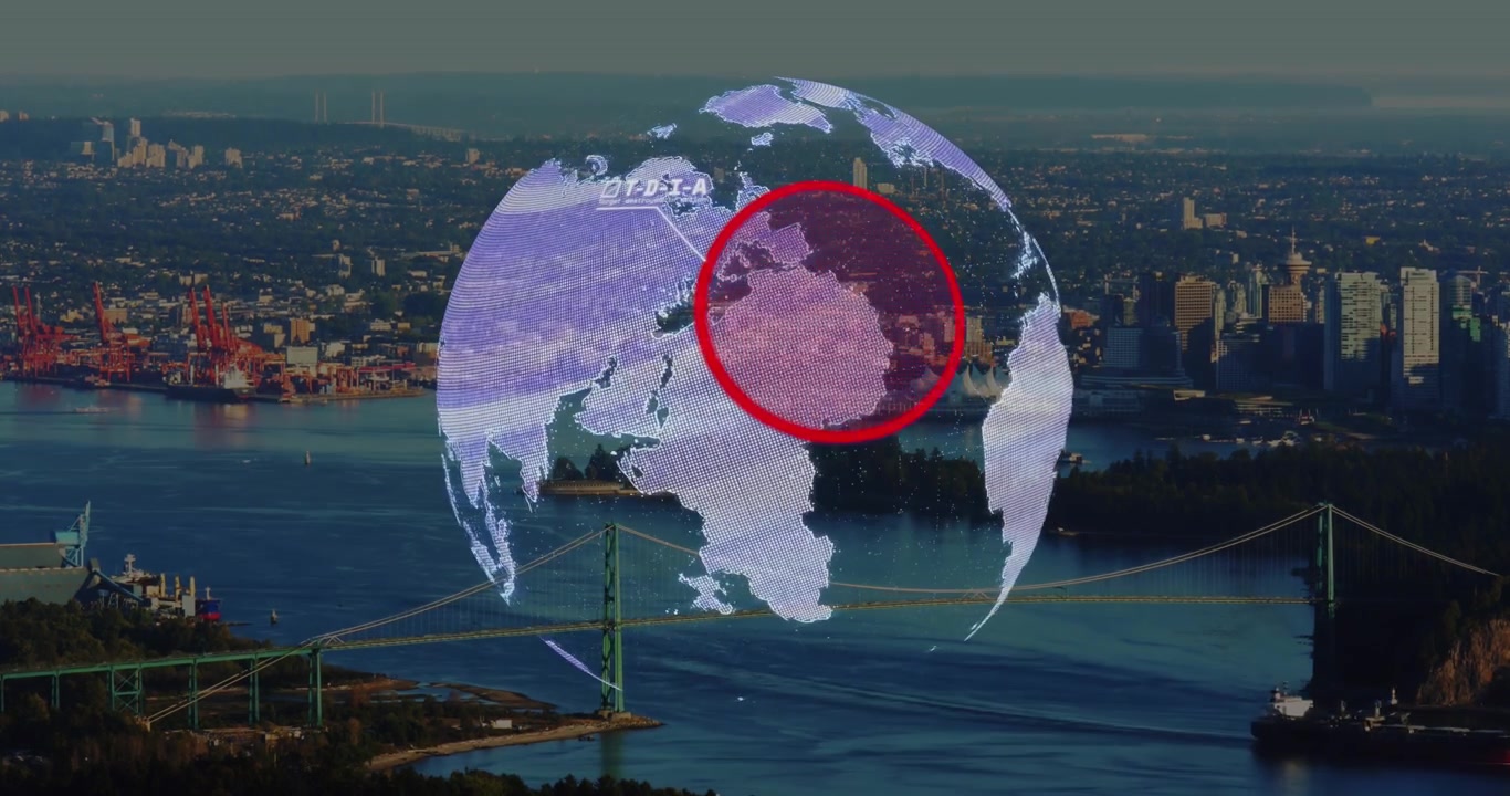 Animação de globo e avião sobre paisagem urbana
