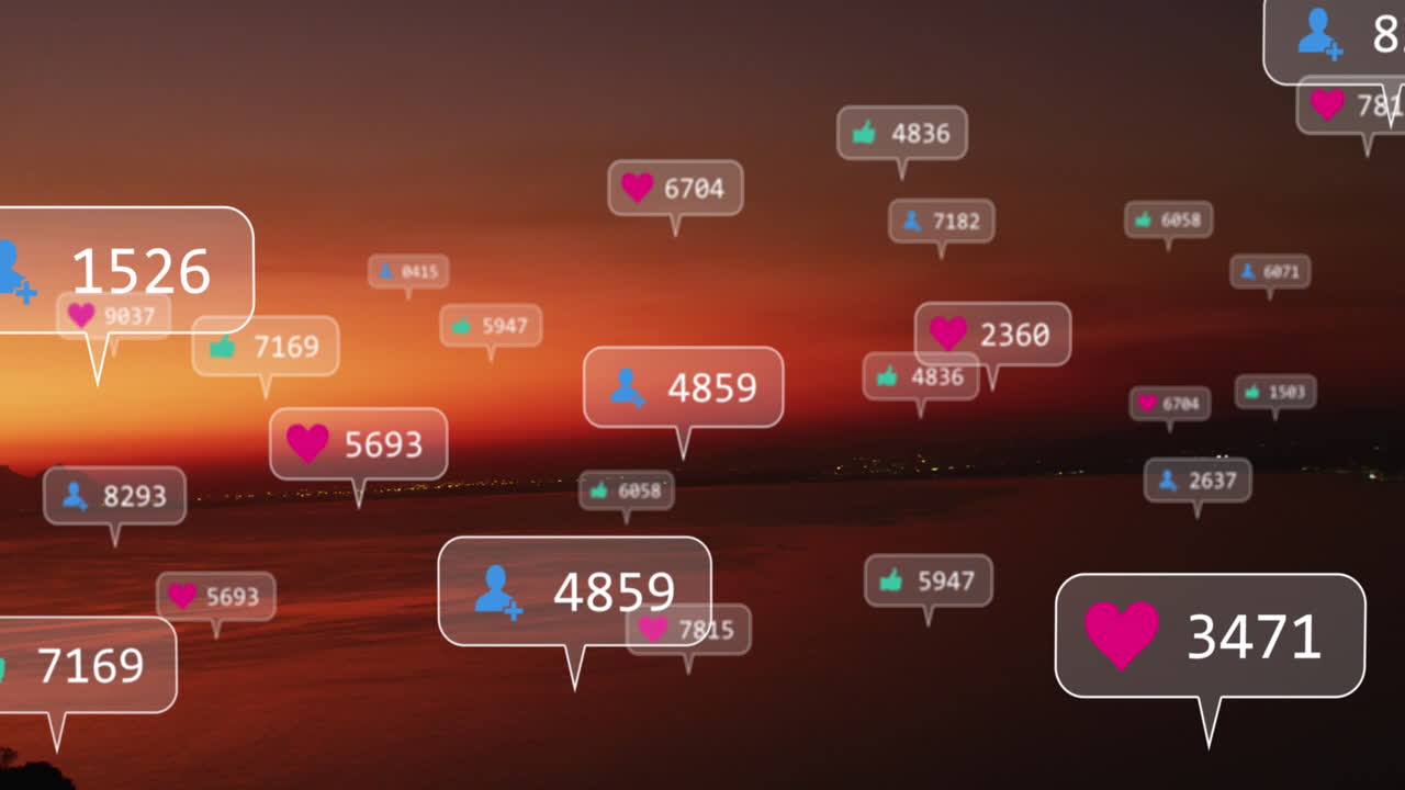 animación de iconos de las redes sociales sobre el atardecer y el paisaje marino