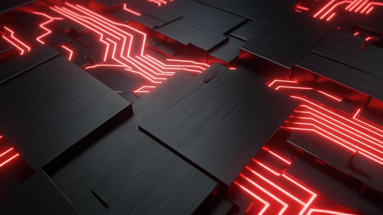 Dynamic Abstract Circuit Board with Red Glowing Data Lines