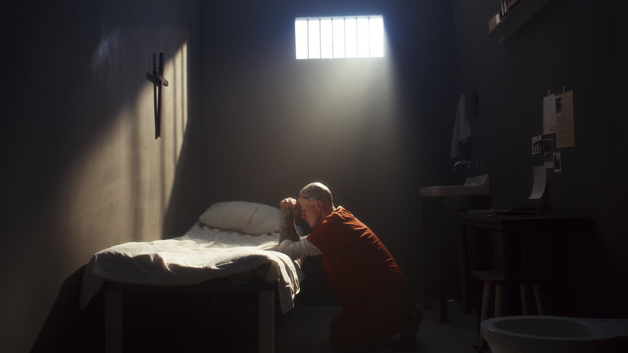 Tattooed Inmate Kneeling by Bed and Praying during Day in Prison Cell