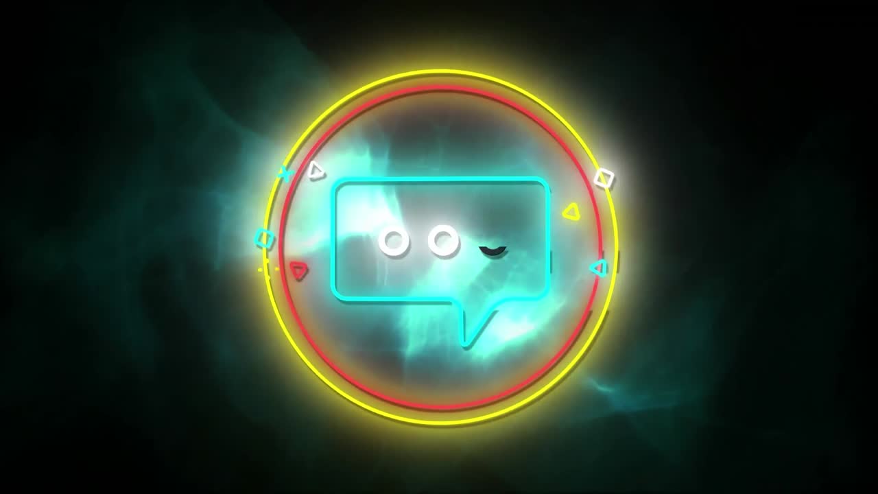 animación del icono de burbuja de habla de neón con formas en fondo negro