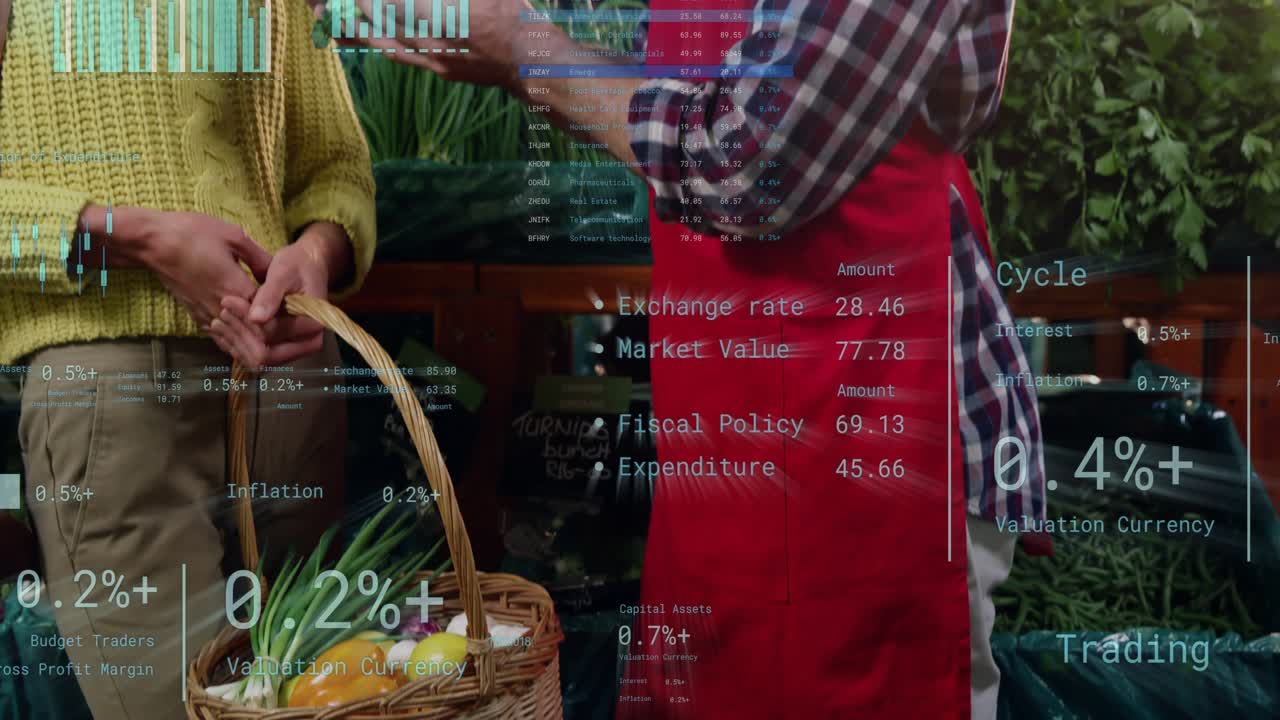 Clerk offering broccoli and helping shopper choosing produce while finance HUD overlaying charts