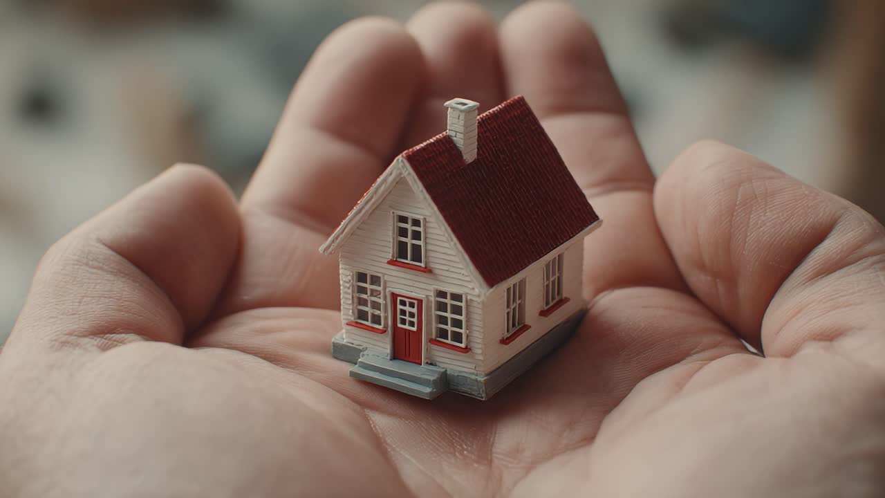 Gros plan d’une maison miniature délicatement tenue dans les mains, symbolisant le foyer, la sécurité et l’essence de l’espace personnel dans un environnement chaleureux et accueillant