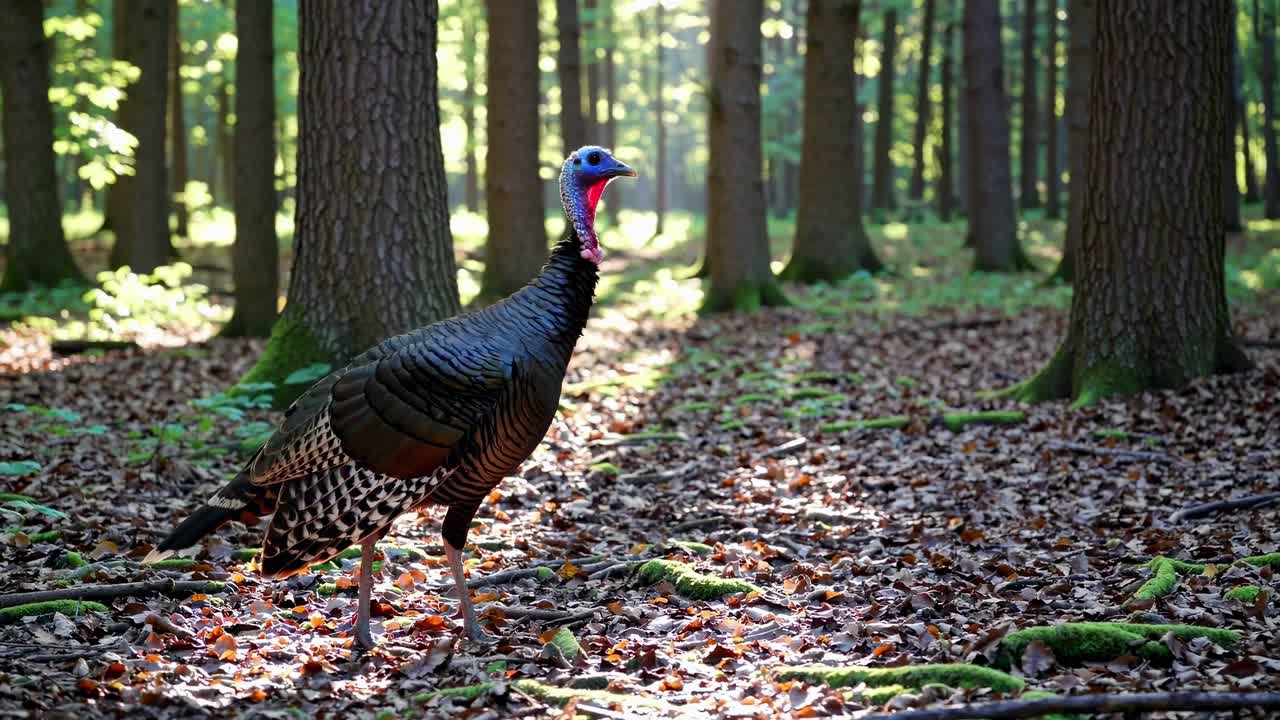 A wild turkey in a sunlit forest, captured at eye level