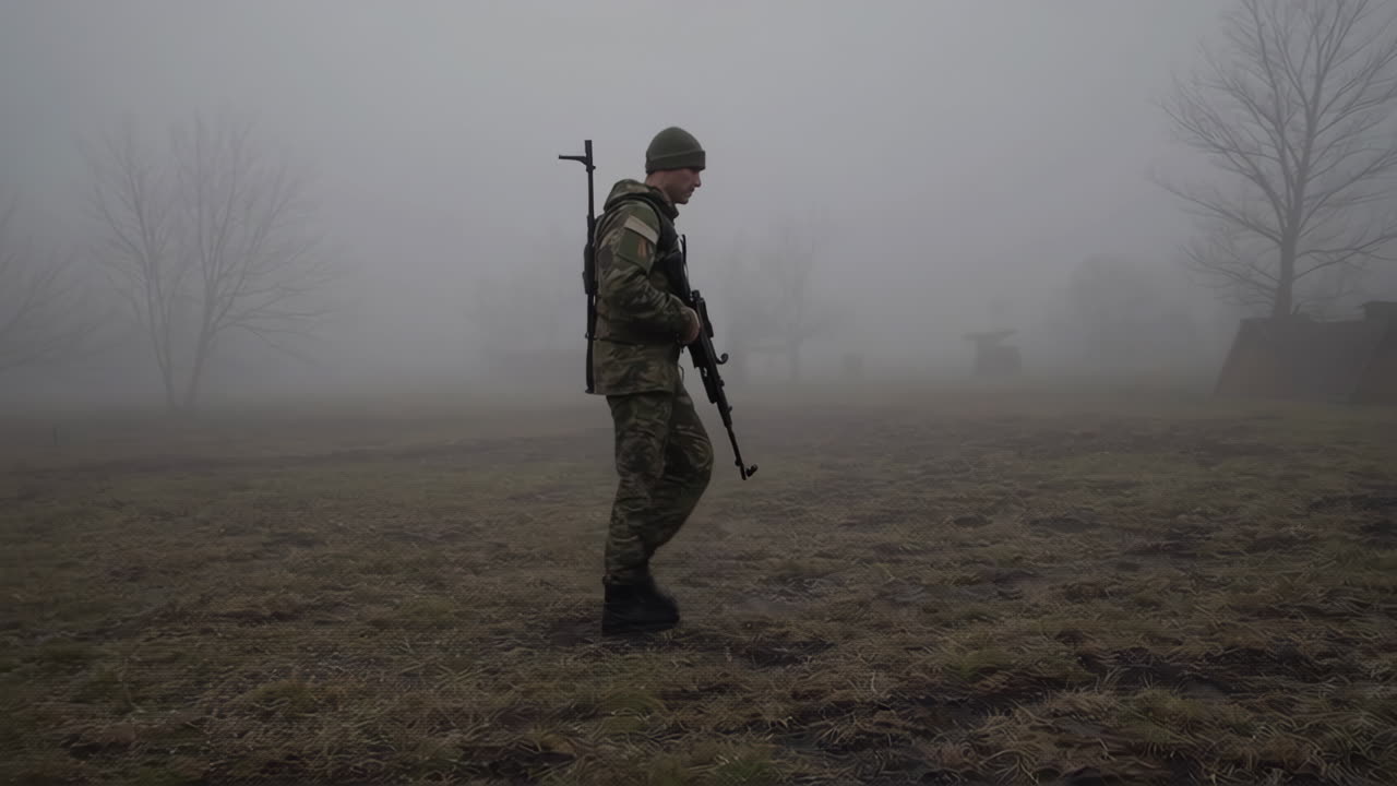 Soldier in Camouflage Uniform Walking Through Fog