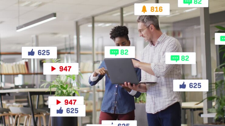 Animation of multiple notification bars over diverse coworkers discussing reports on laptop