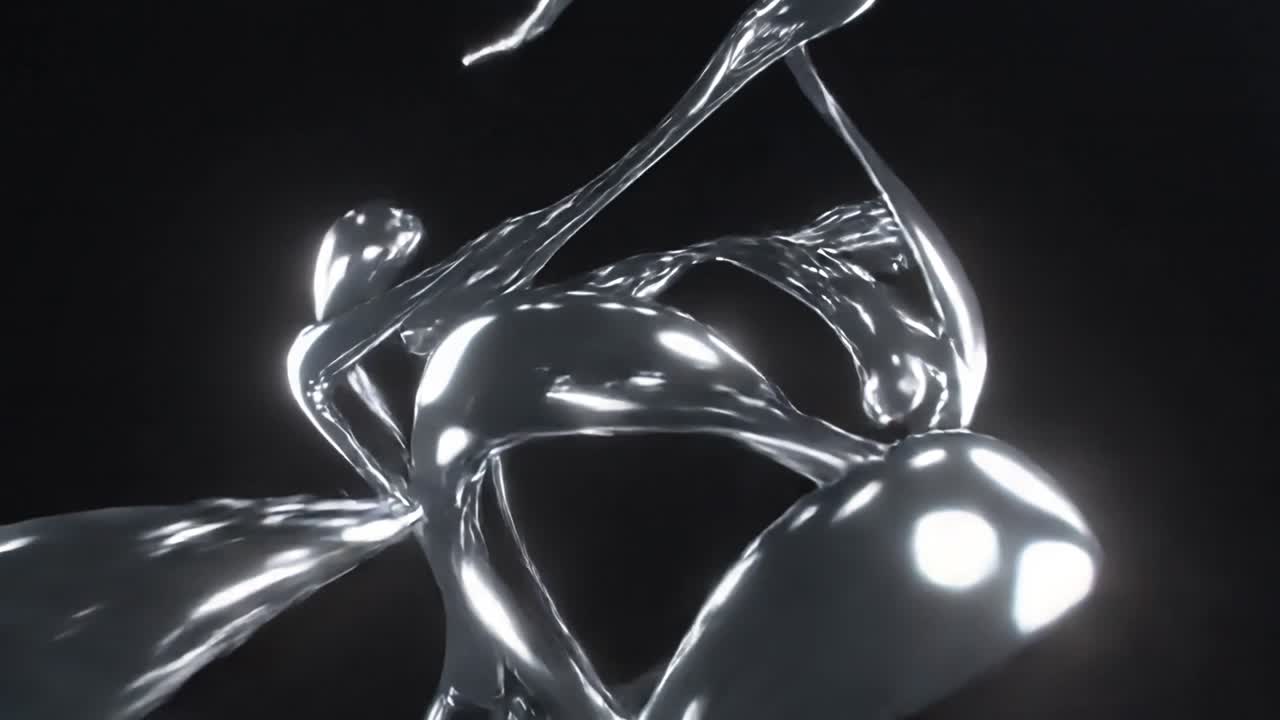 Zooming cam showing chrome ribbons morphing into faceted star in black set with lights for symmetry