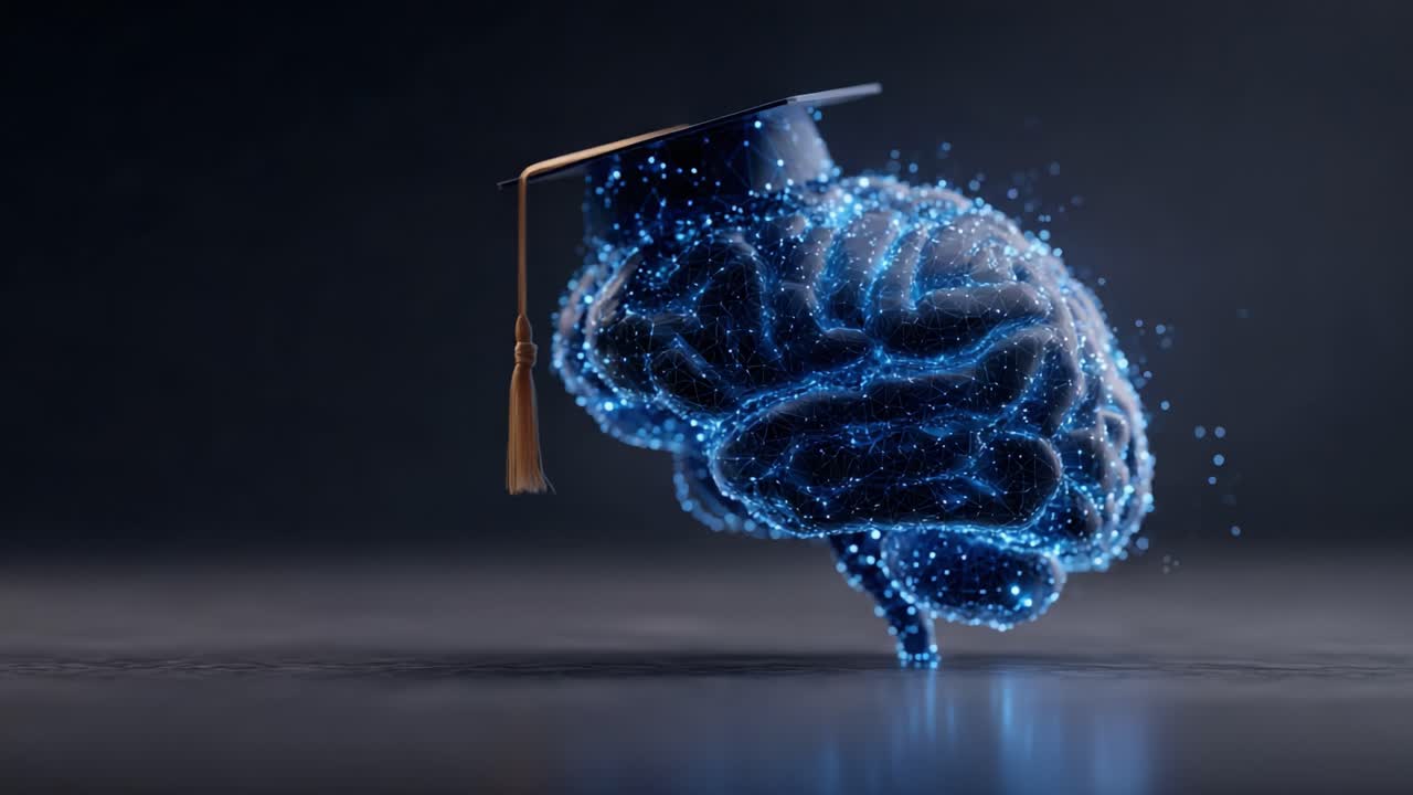 A mesmerizing blend of knowledge and creativity, this digital art showcases a brain adorned with a graduation cap, symbolizing intelligence and academic achievement in a futuristic design