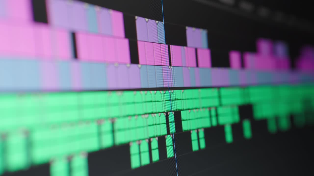Video editing. Playhead moving through the timeline. Screen close up