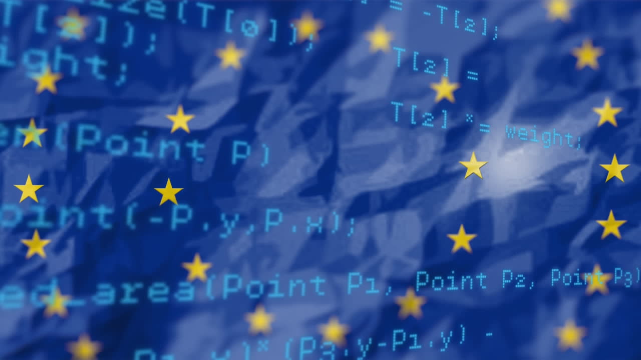 노란색 별들이 파란색 배경에 데이터 처리를 돌고 있습니다.