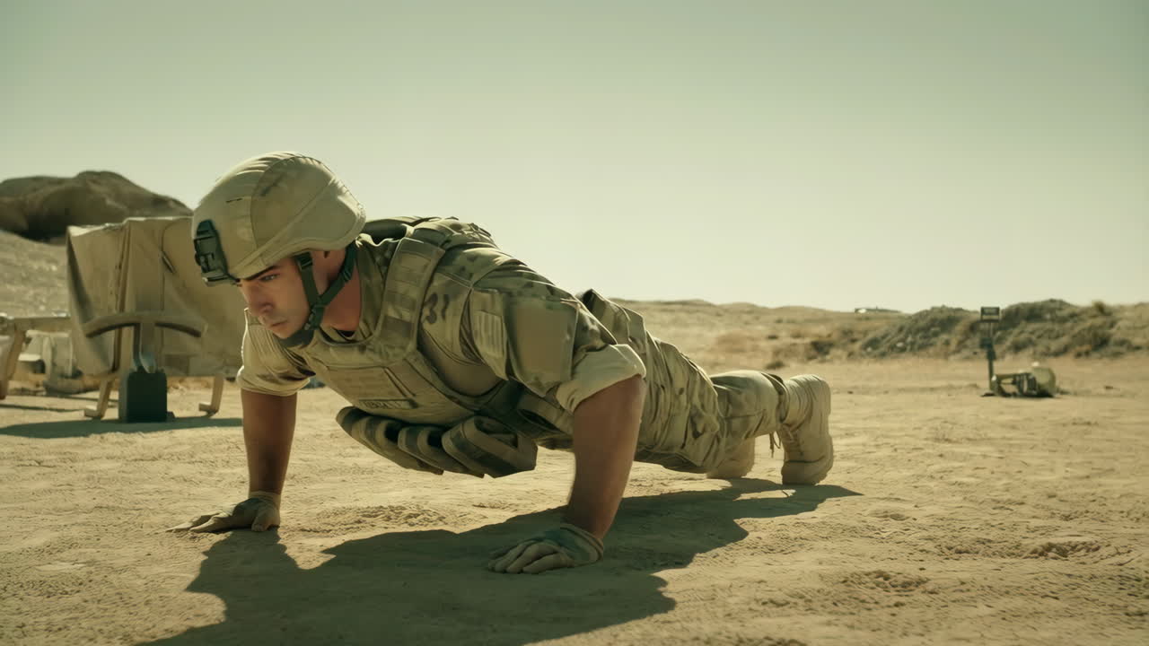 Soldier performing push-ups during military training in the desert