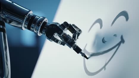 a robotic hand skillfully drawing a cheerful smile on canvas, demonstrating artificial intelligence's creative capabilities in art and technology