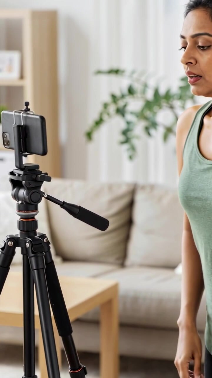 Video verticale: Donna con maglietta verde che si prepara, fissando lo smartphone su un treppiede a casa per registrare