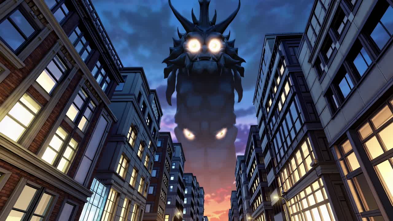 Enormous mythical creature looms over cityscape, showcasing dramatic lighting and architectural details, capturing the tension of an unfolding fantasy scene