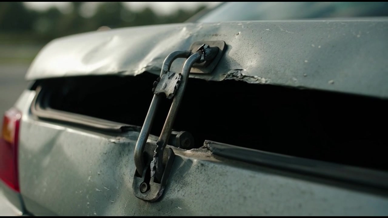 Damaged Car Trunk Secured with a Metal Latch