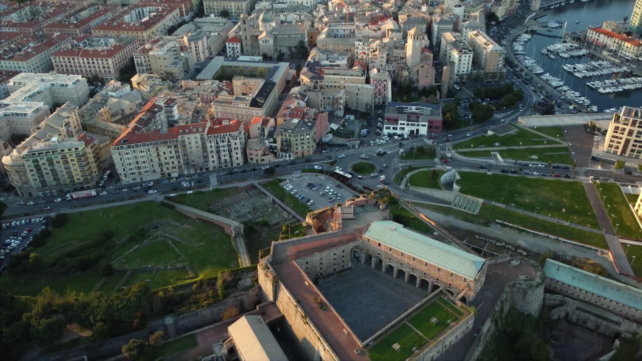 Aerial View of a Cityscape with Fort and Harbor