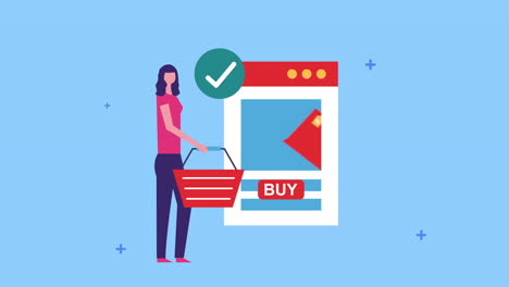 businesswoman with shopping basket and webpage template