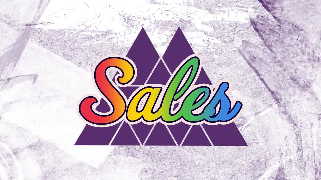 보라색 배경에 색 모양 위에 판매 텍스트의 애니메이션