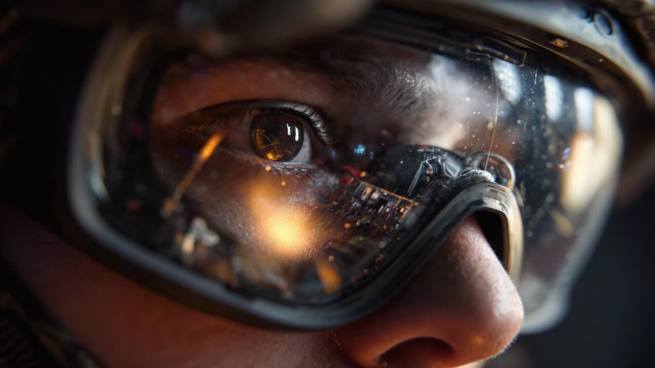 Close-Up of a Soldier's Eye Behind Protective Goggles, Capturing Intense Focus and Determination in a High-Stakes Environment, Highlighting Reflections of Technology and Light in Tactical Gear