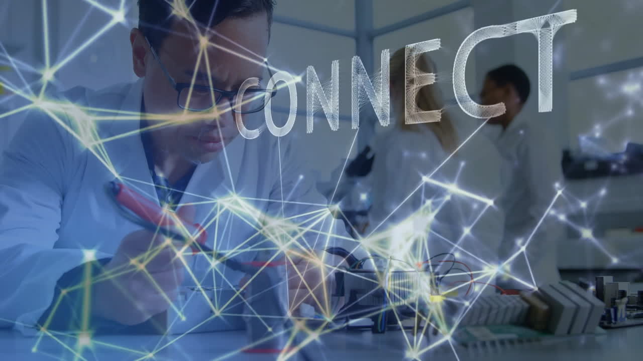 Scientists working in lab with CONNECT text and network animation overlay